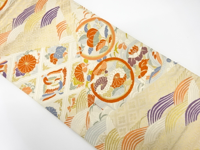 アンティーク　切りばめ風　丸紋に花・鳳凰模様織り出し袋帯（材料）